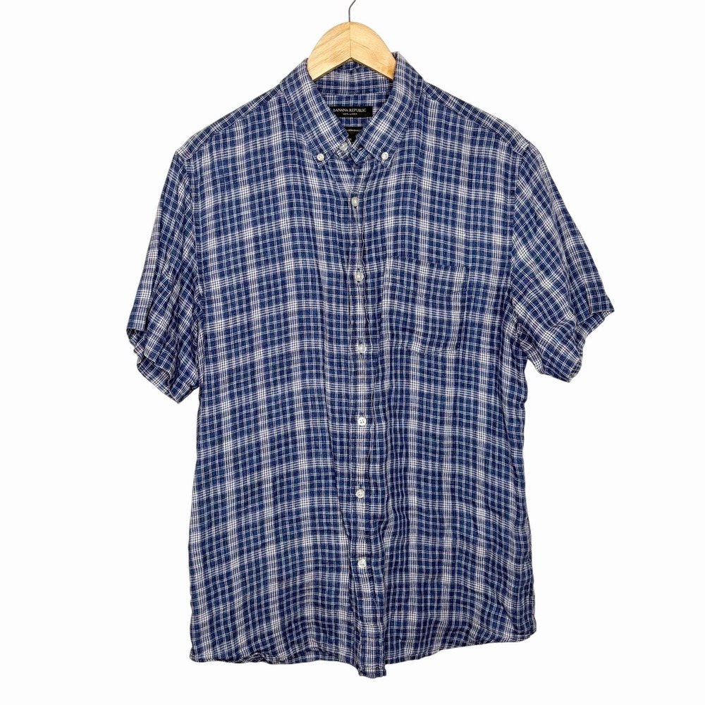 Banana Republic Camden Standard Fit Linen Short Sleeve Shirt Blue Plaid Mens M